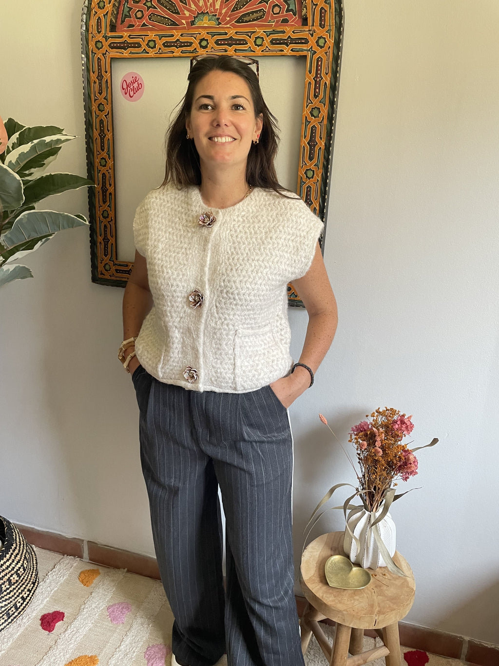 Pull Sans Manche - Beige à Fleurs Nacrées