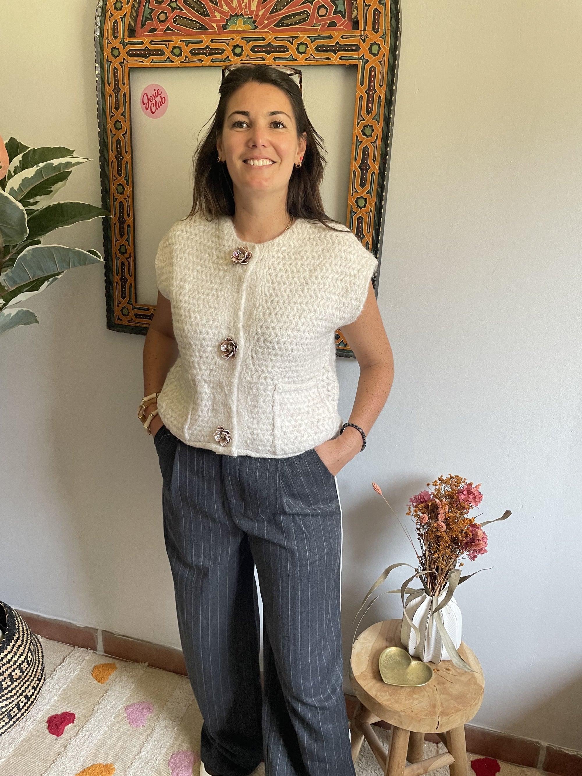 Pull Sans Manche - Beige à Fleurs Nacrées