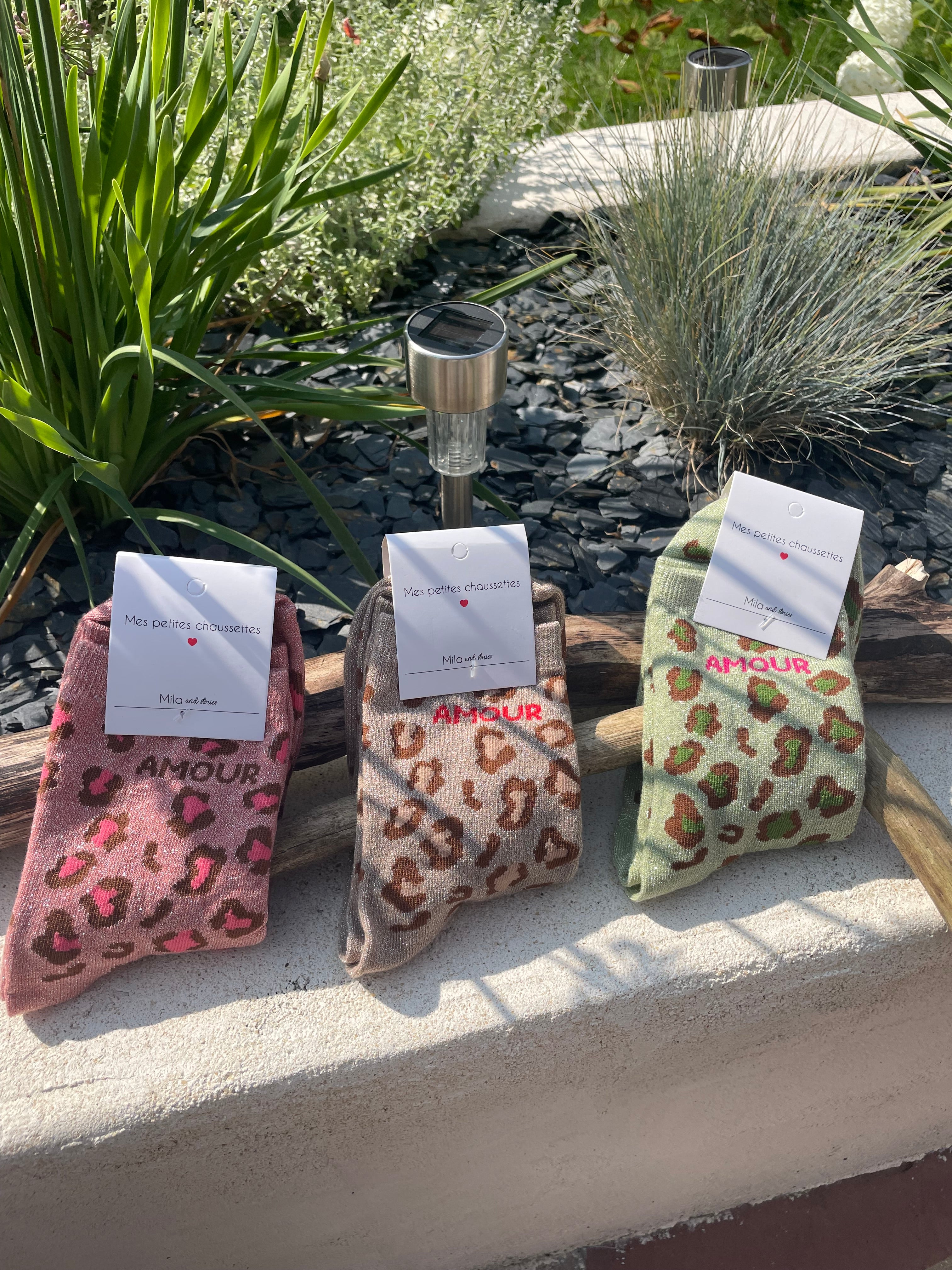 🧦 Chaussettes léopard “Amour” pailletées