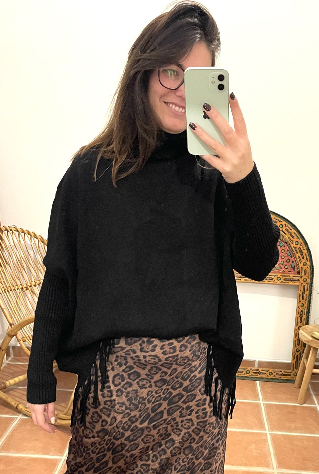 Pull Col roulé à franges - Noir