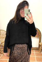 Pull Col roulé à franges - Noir