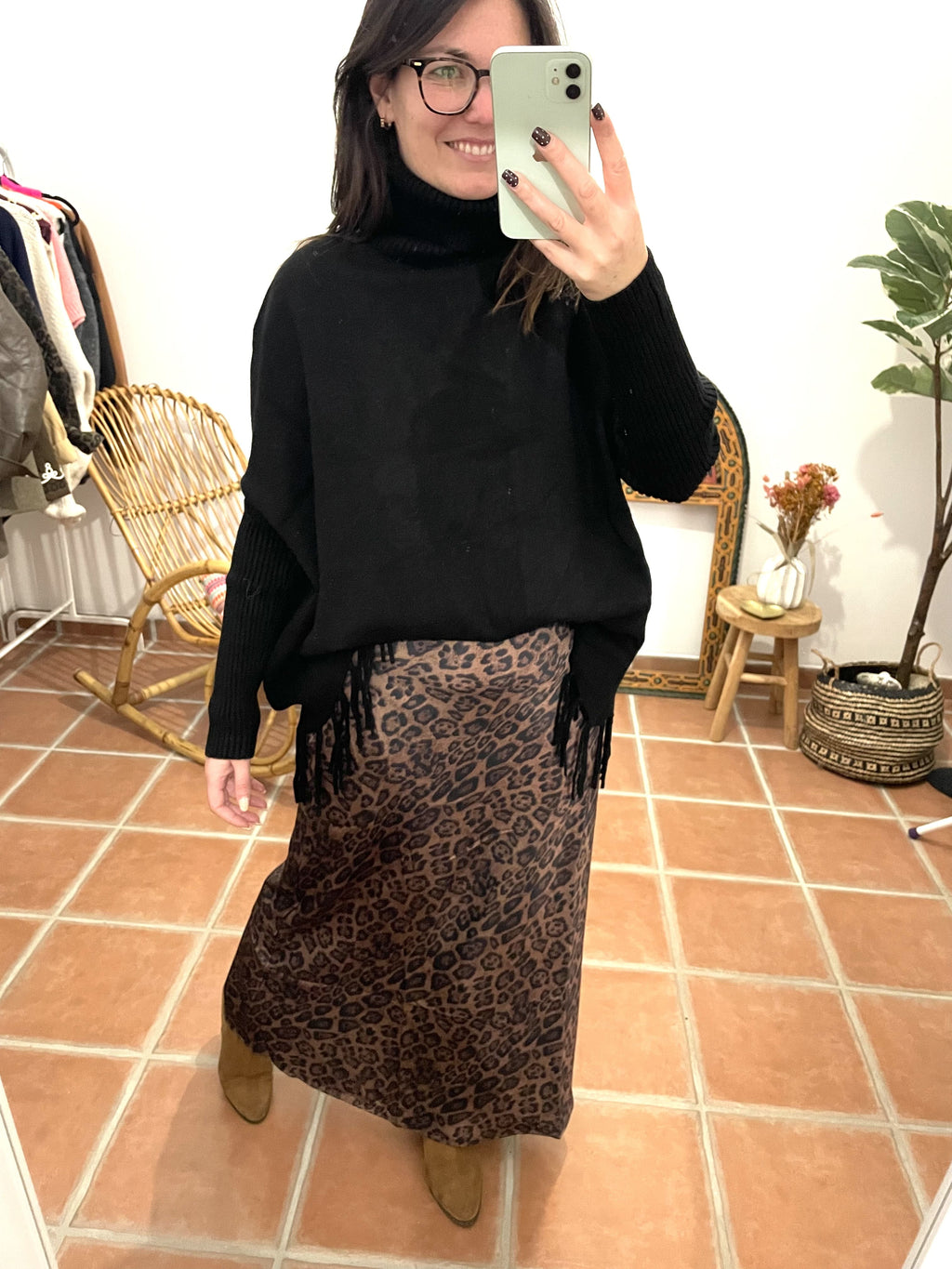 Pull Col roulé à franges - Noir