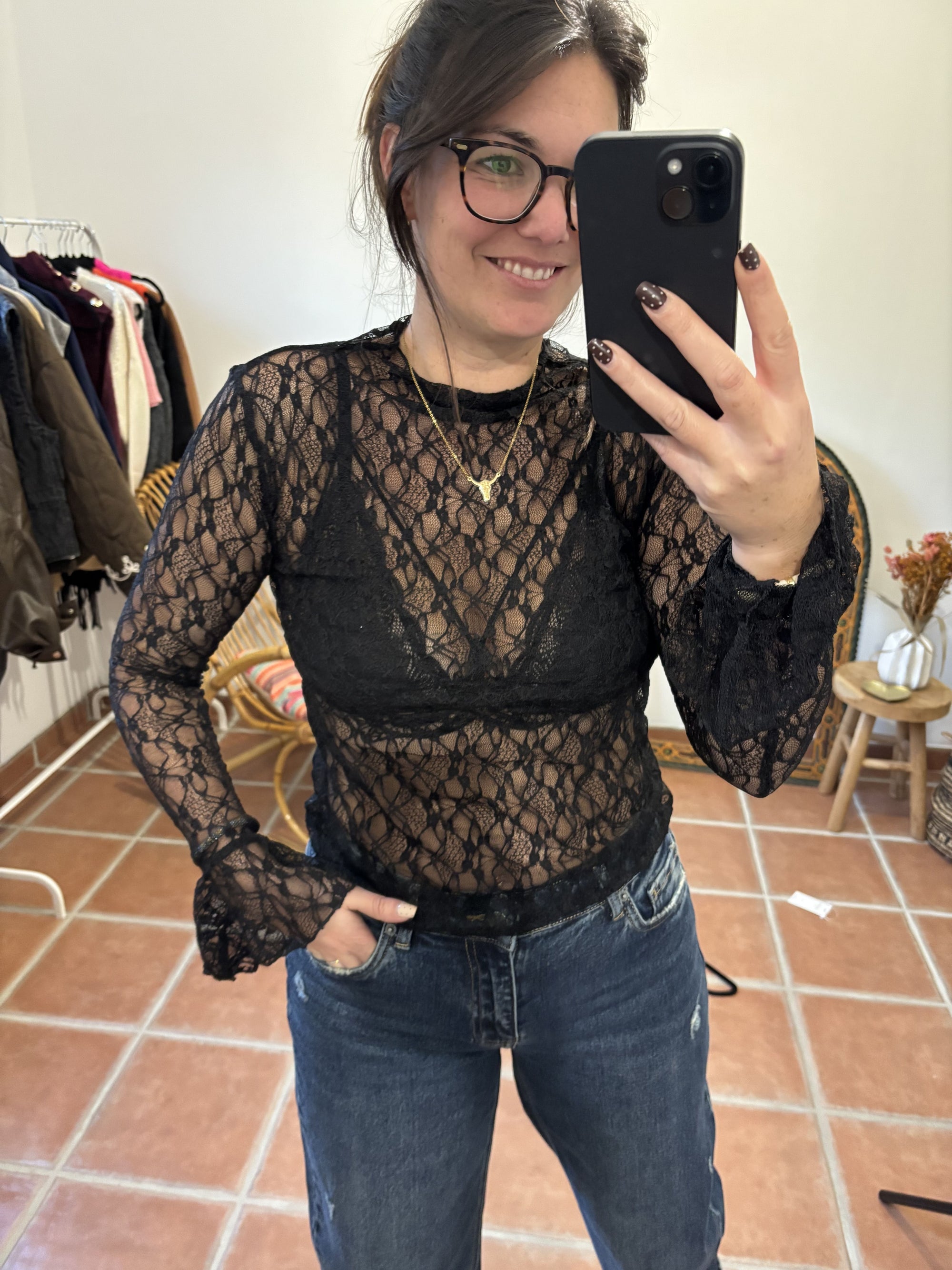 Top en dentelle - Noir