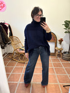 Pull Col roulé à franges - Bleu