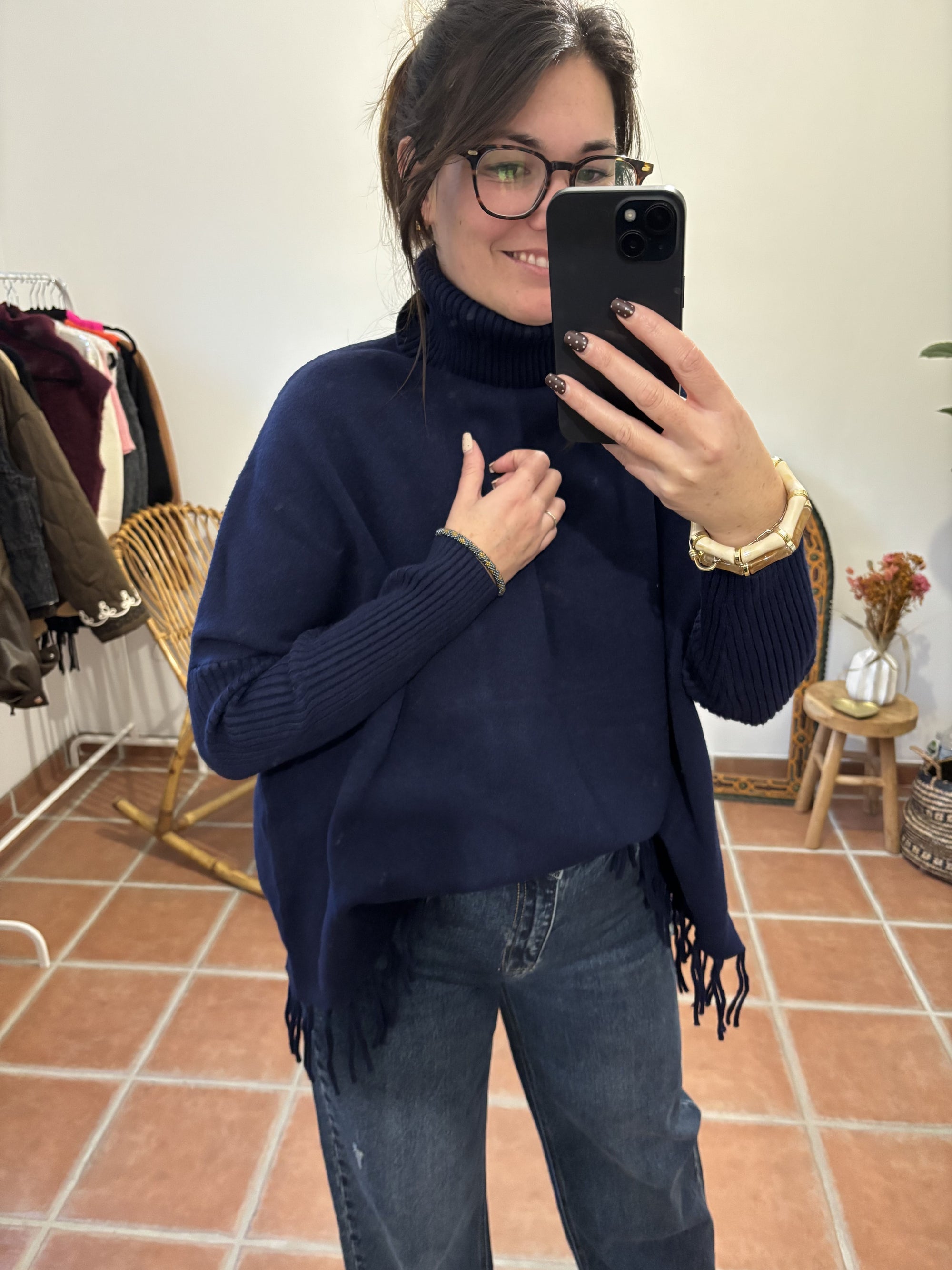 Pull Col roulé à franges - Bleu