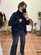 Pull Col roulé à franges - Bleu