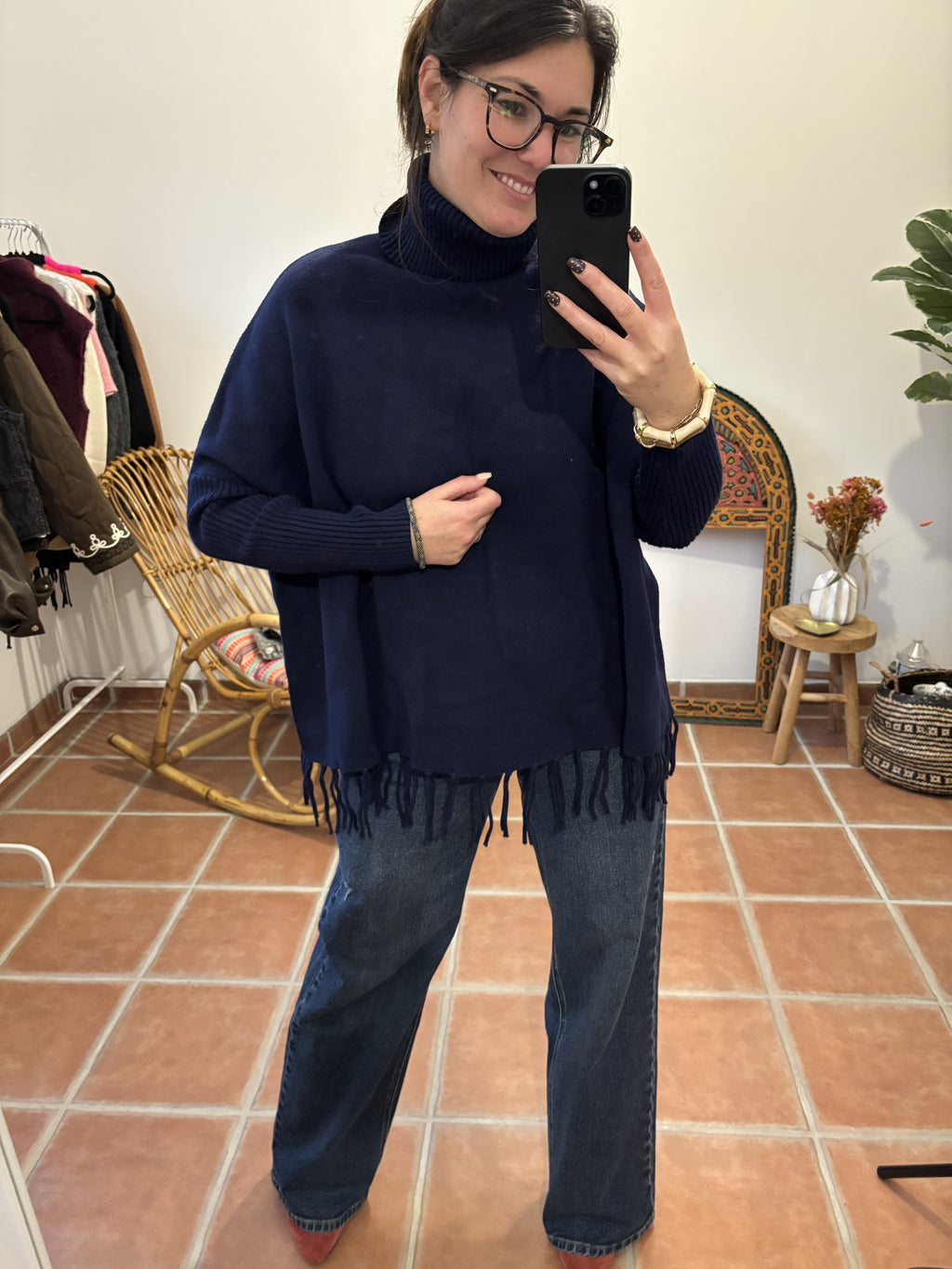 Pull Col roulé à franges - Bleu