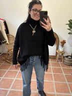 Pull Col roulé à franges - Noir