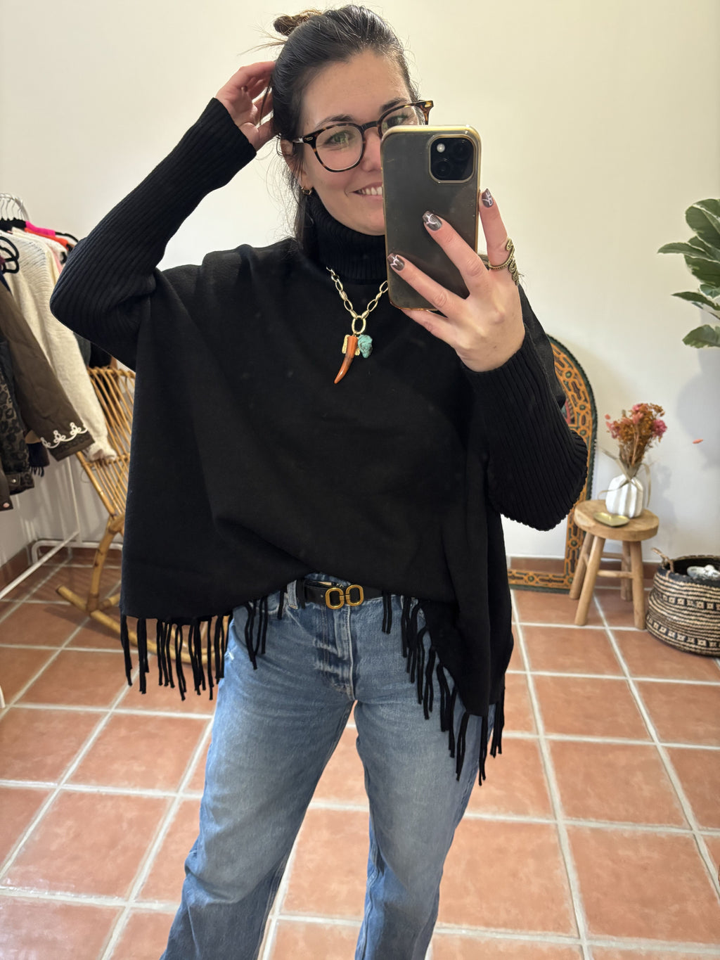 Pull Col roulé à franges - Noir