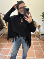 Pull Col roulé à franges - Noir