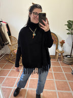 Pull Col roulé à franges - Noir