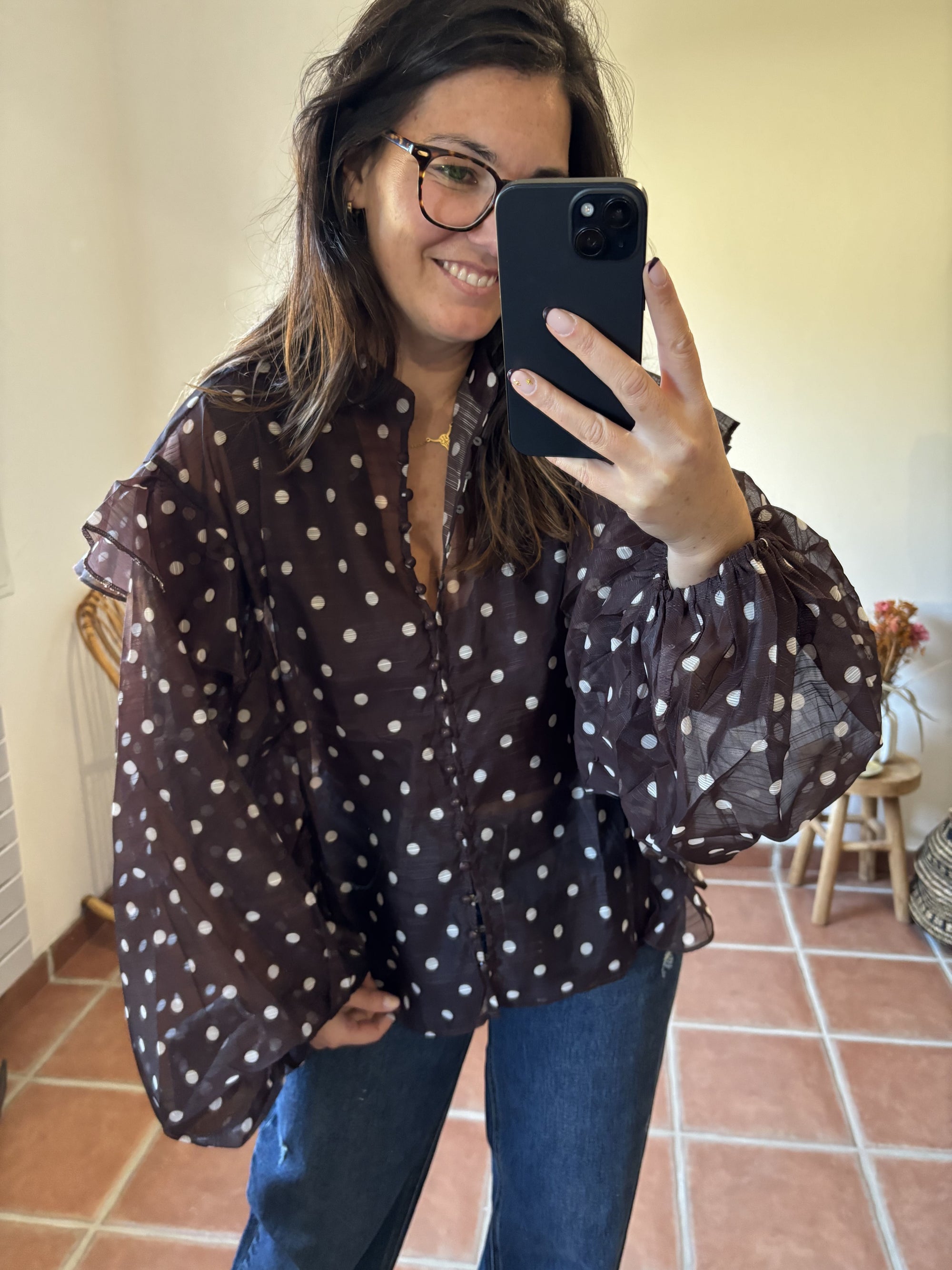 Blouse à pois et à volants - Chocolat