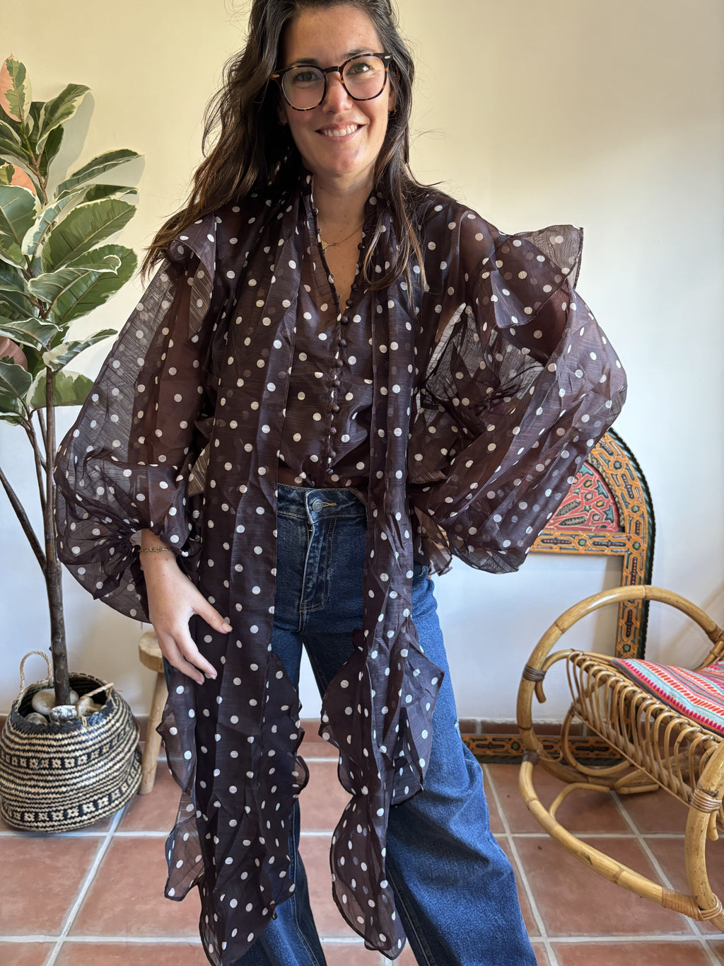 Blouse à pois et à volants - Chocolat