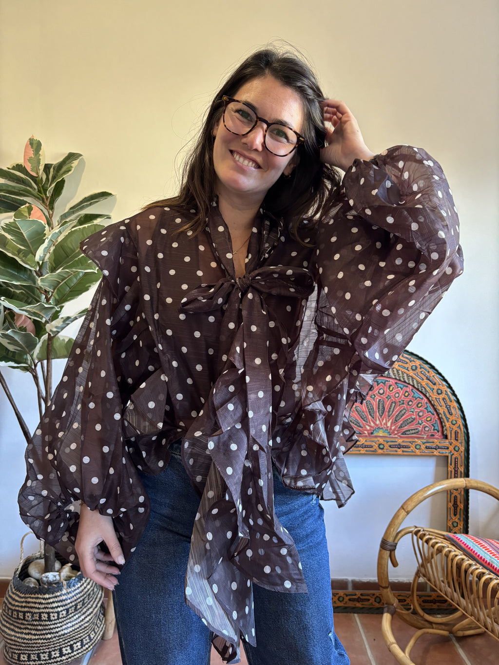 Blouse à pois et à volants - Chocolat