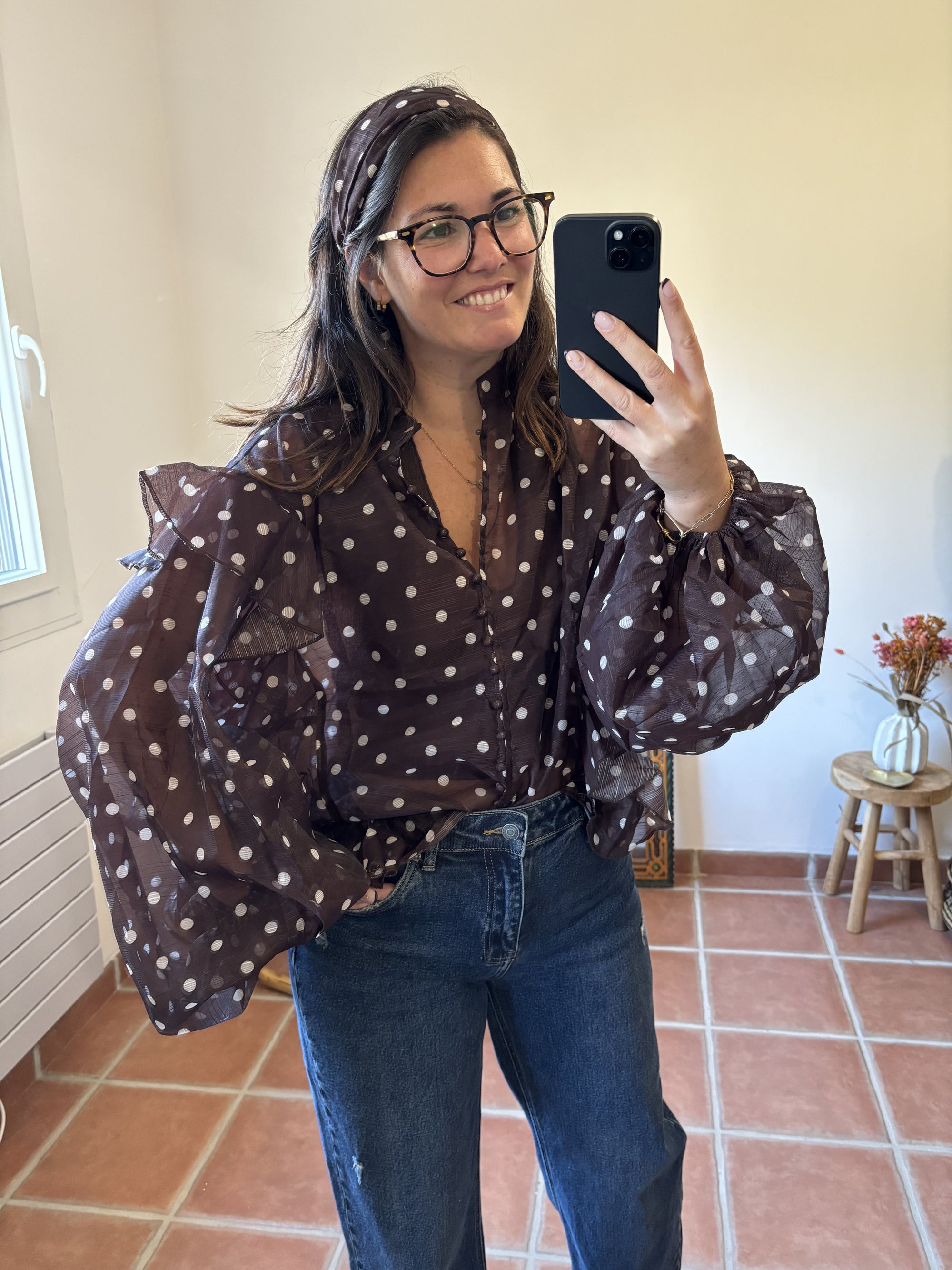 Blouse à pois et à volants - Chocolat