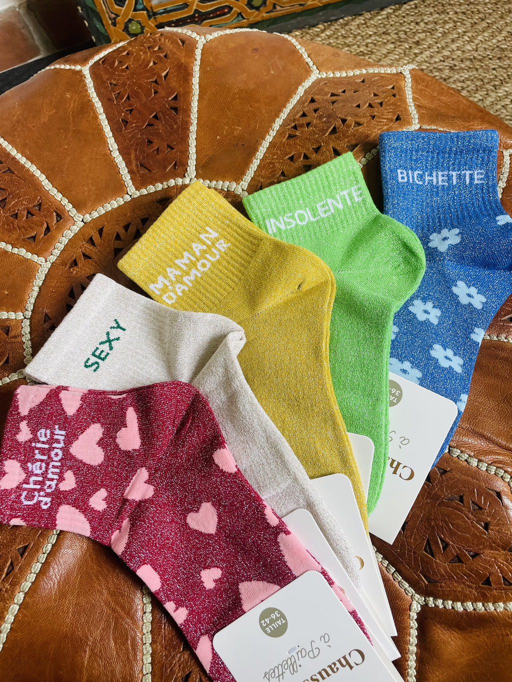Chaussettes pailletées à message