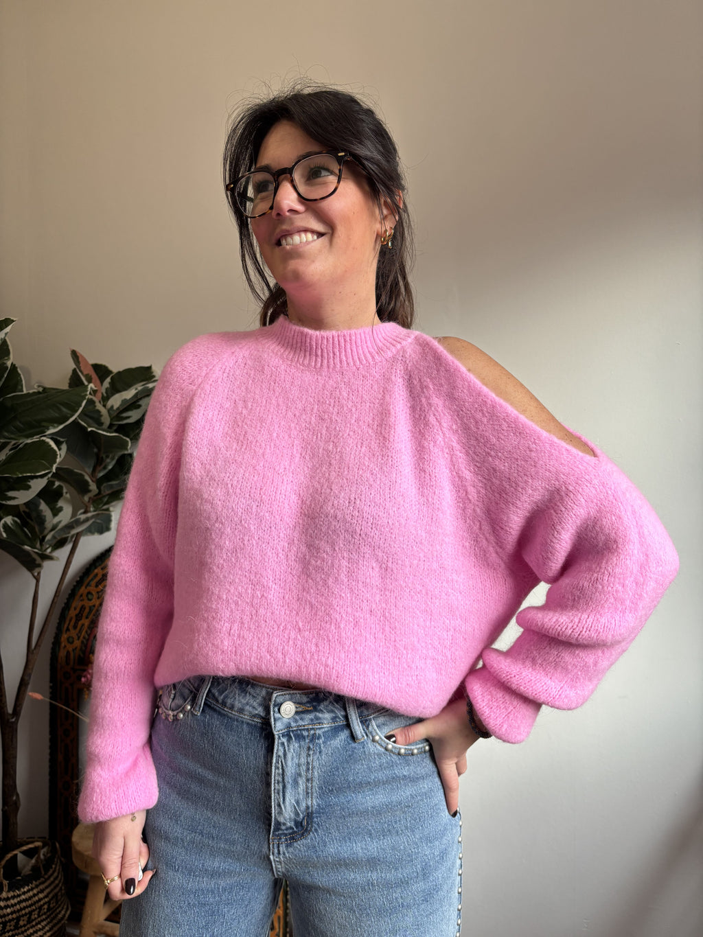 Pull mohair asymétrique - Rose