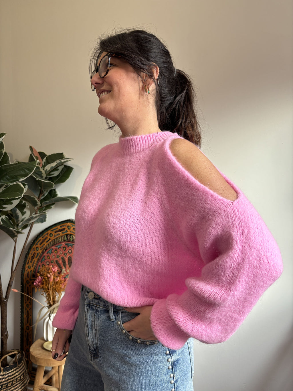 Pull mohair asymétrique - Rose