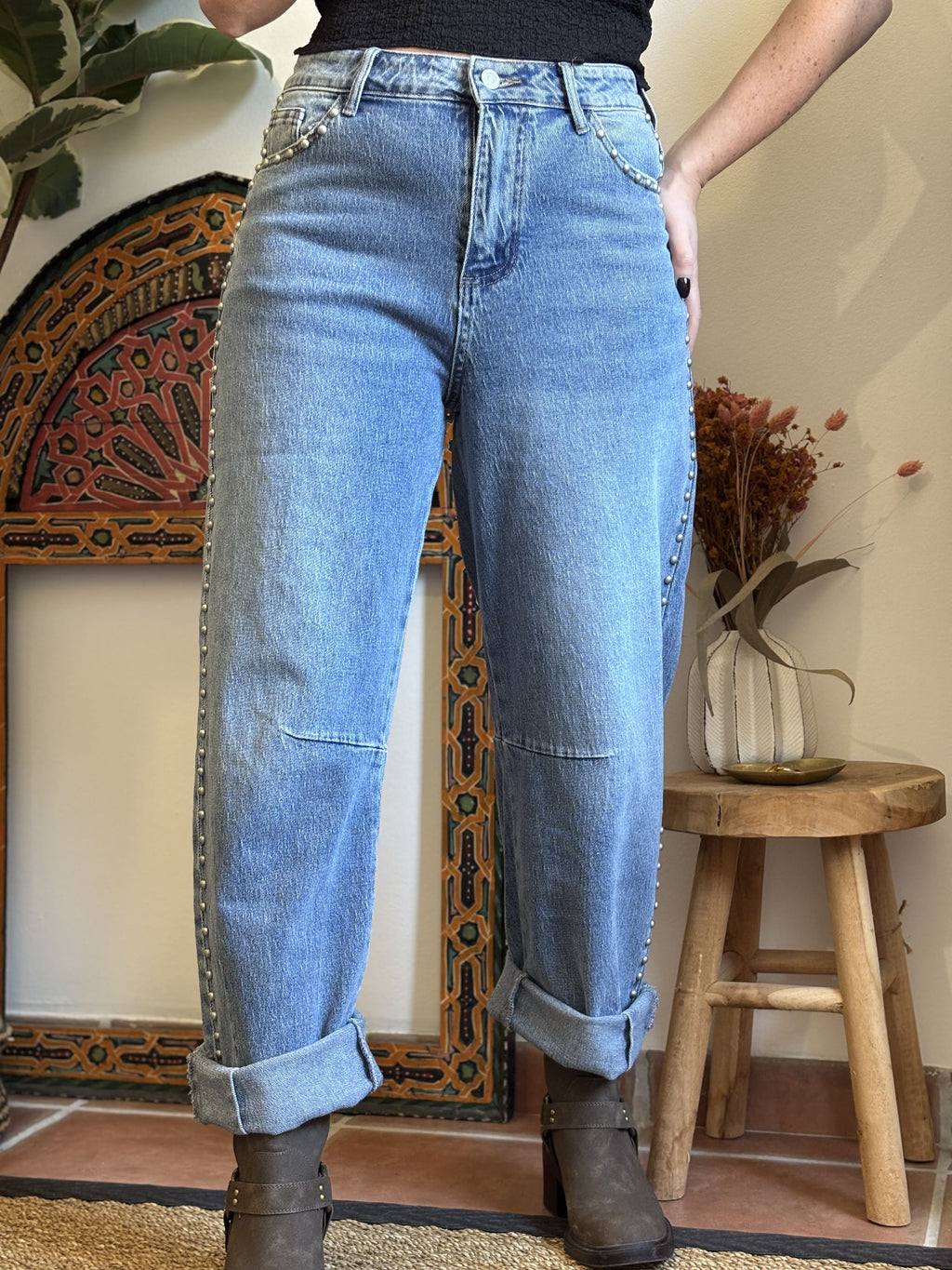 Jean Barrel - en Denim Clouté