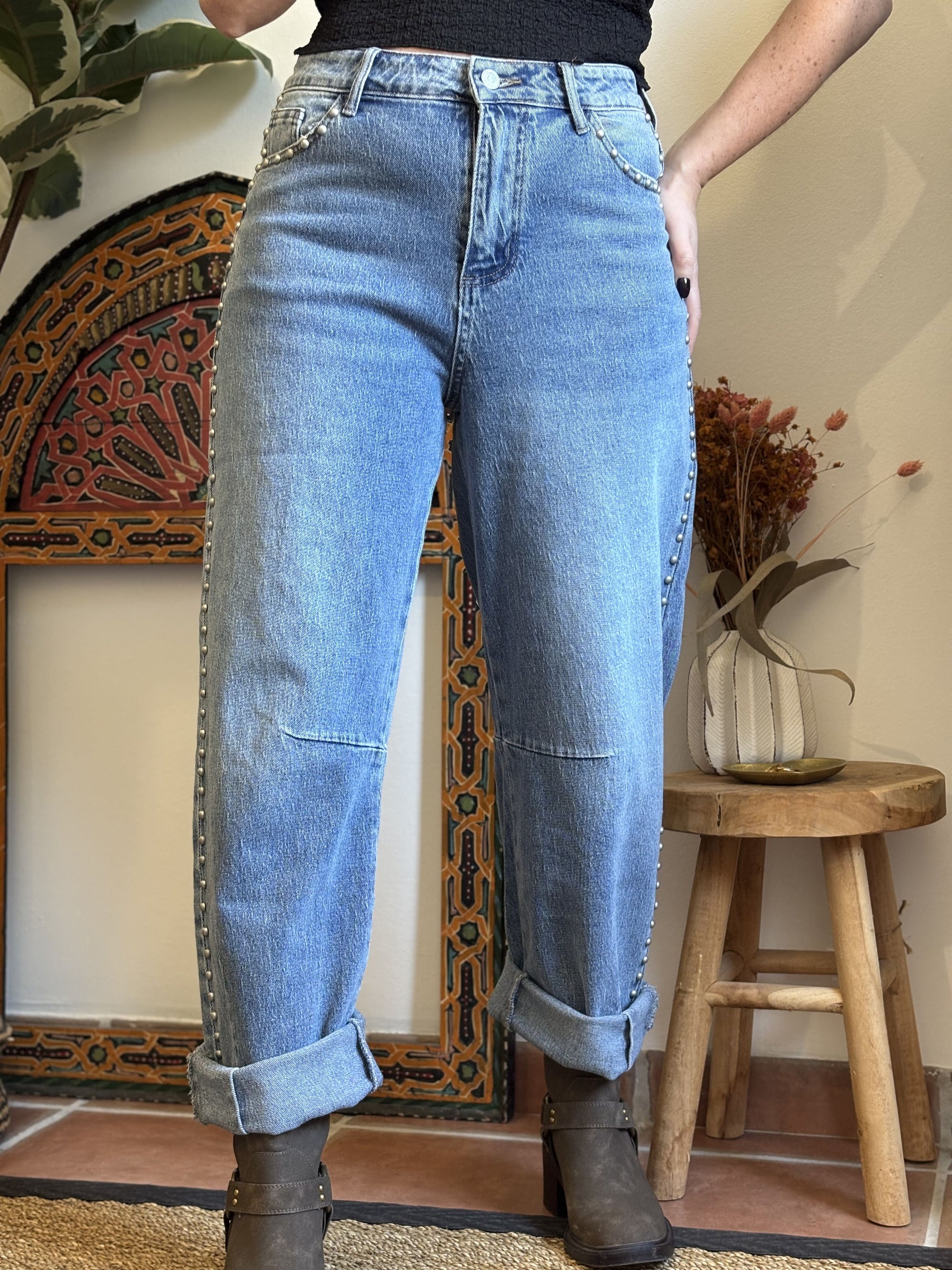 Jean Barrel - en Denim Clouté