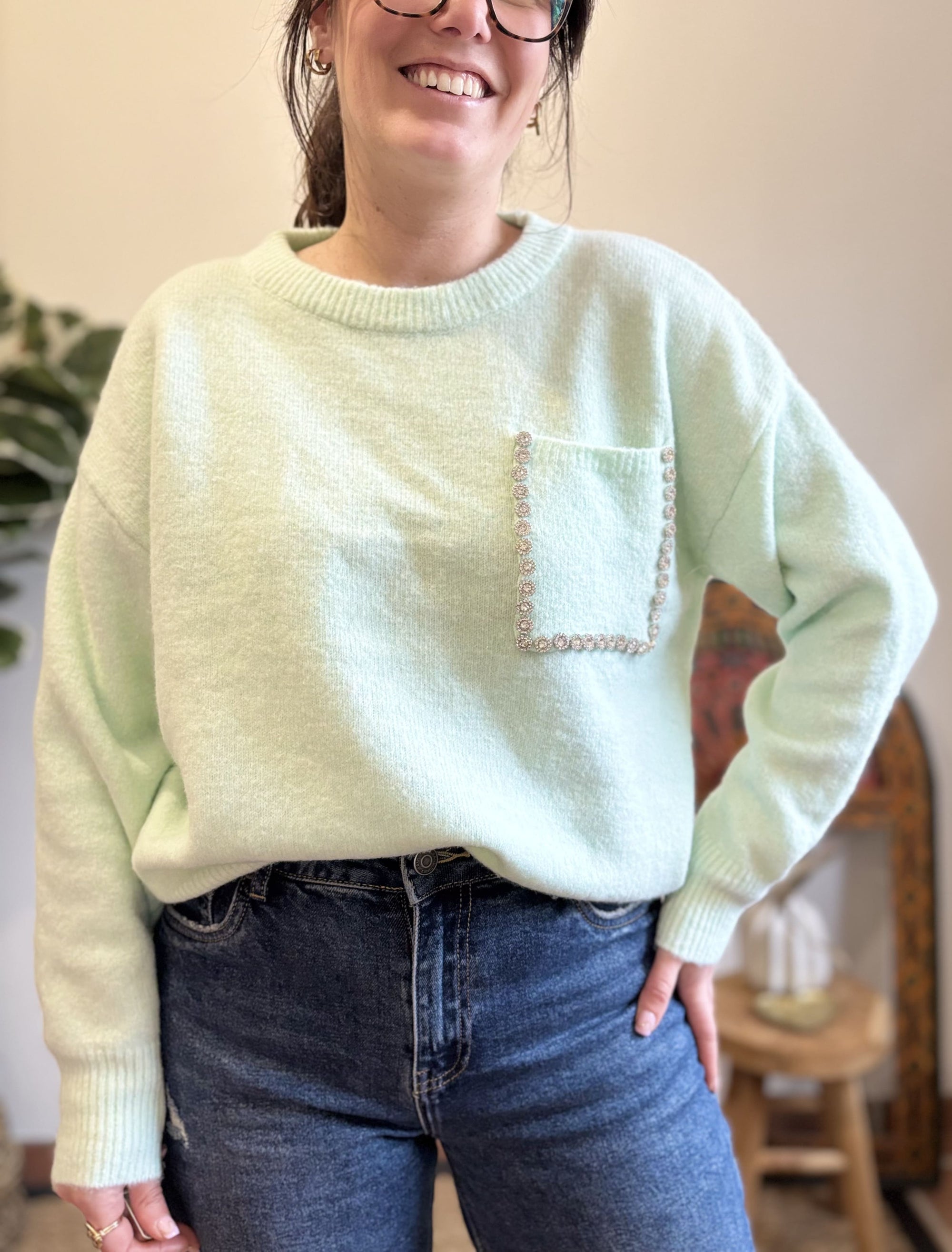 Pull strass - Vert d'eau