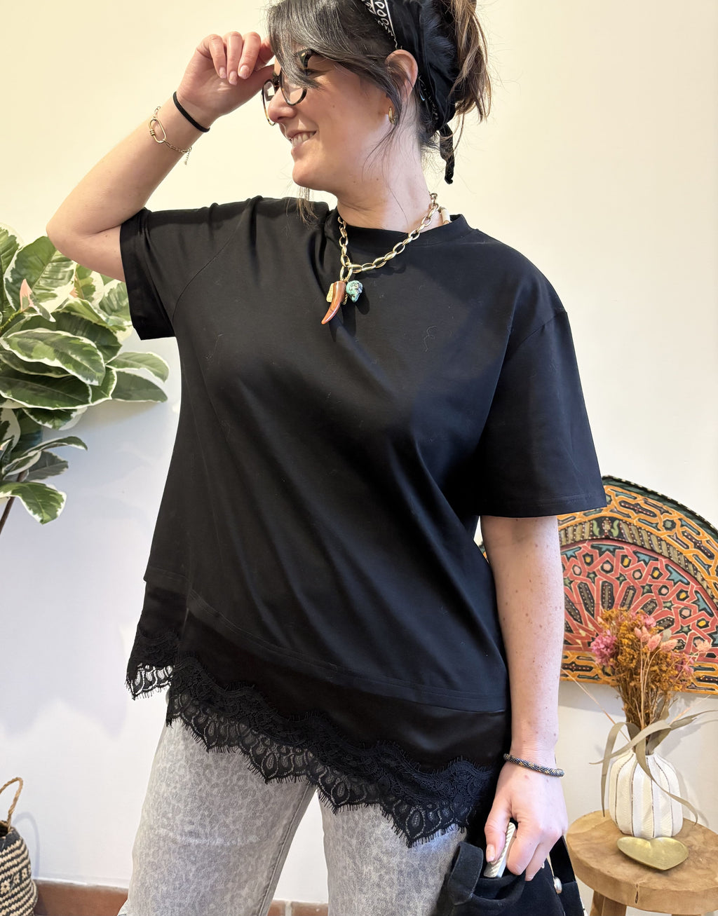 T-shirt à dentelle - Noir